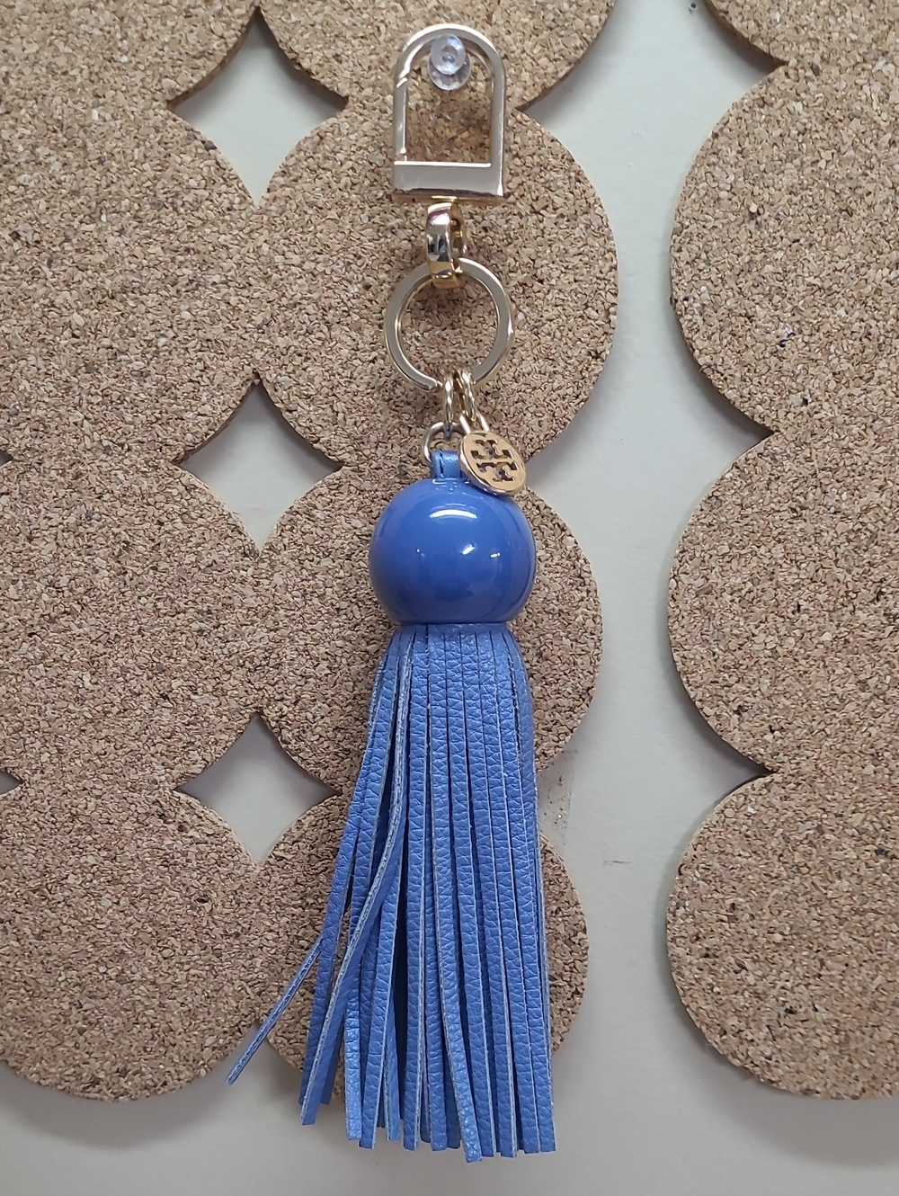 Tory Burch Leather Tassel Resin Bead Blue Key Charm Gold Logo Like New